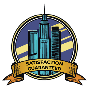 Logo of blue skyscrapers with a gold ribbon reading “SATISFACTION GUARANTEED” on a striped circle background