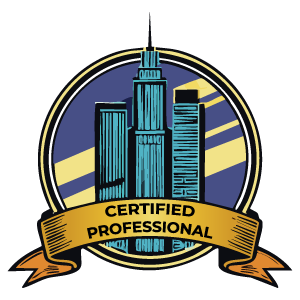 Certified Professional badge with blue city skyline and gold banner on a circular emblem
