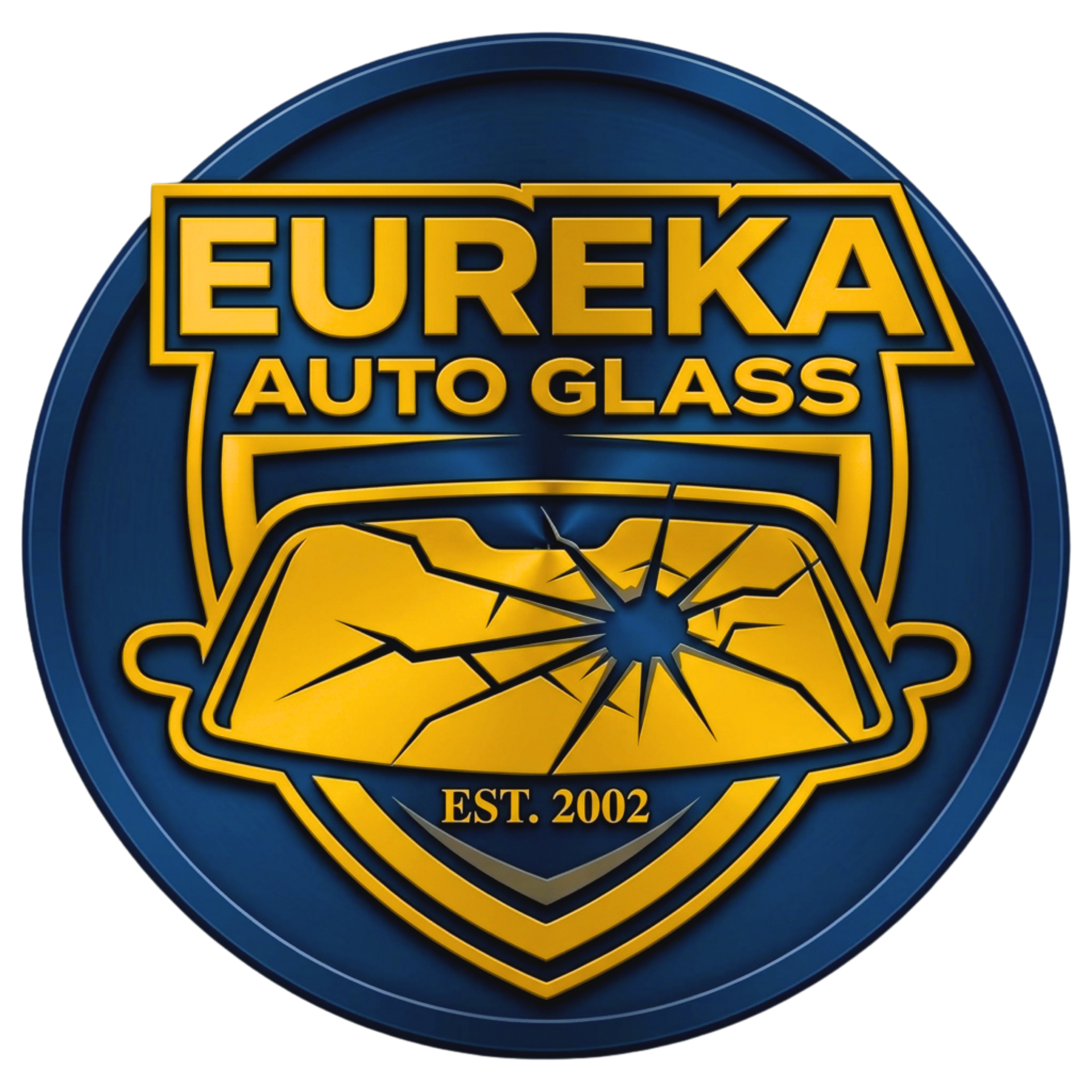 Eureka Auto Glass logo on a blue shield with cracked windshield and gold lettering, EST. 2002