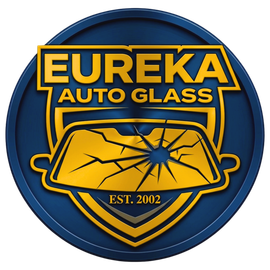 Eureka Auto Glass logo on a blue shield with cracked windshield and gold lettering, EST. 2002