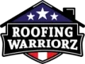 Roofing Warriorz logo with white star, red stripe, and bold white text on dark background
