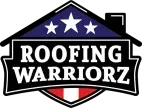 Roofing Warriorz logo with white star, red stripe, and bold white text on dark background