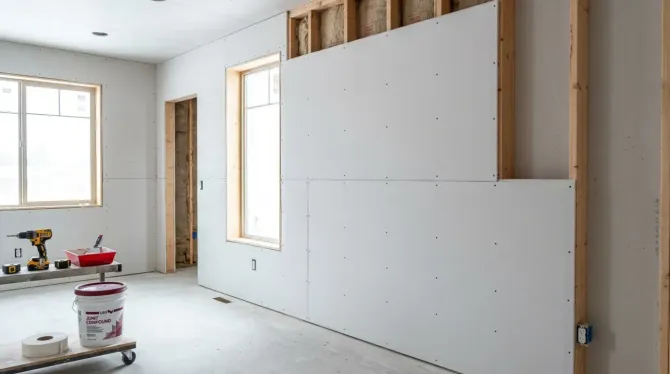 Partially renovated room with drywall walls, two windows, and construction tools on the floor.