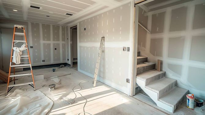Two workers installing a door in an unfinished room, with a ladder in the foreground.