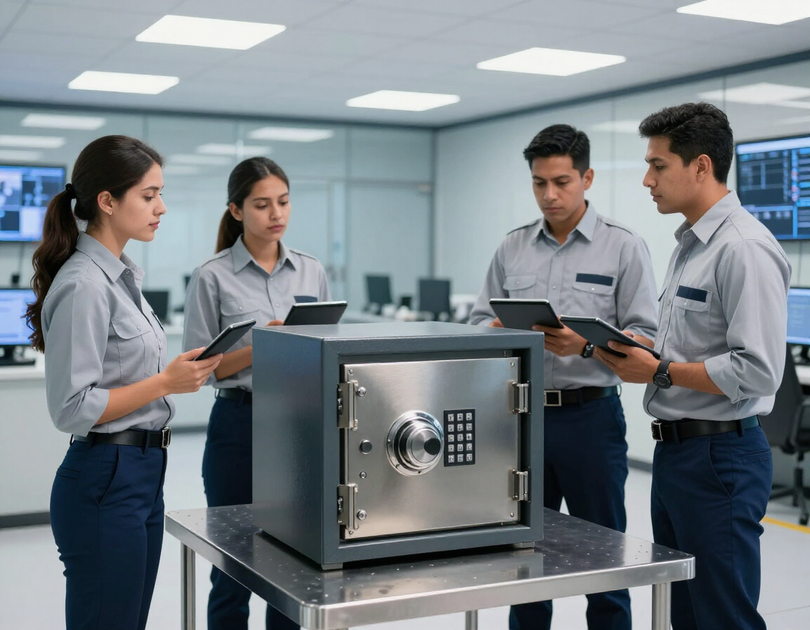 Equipo técnico revisando una caja fuerte