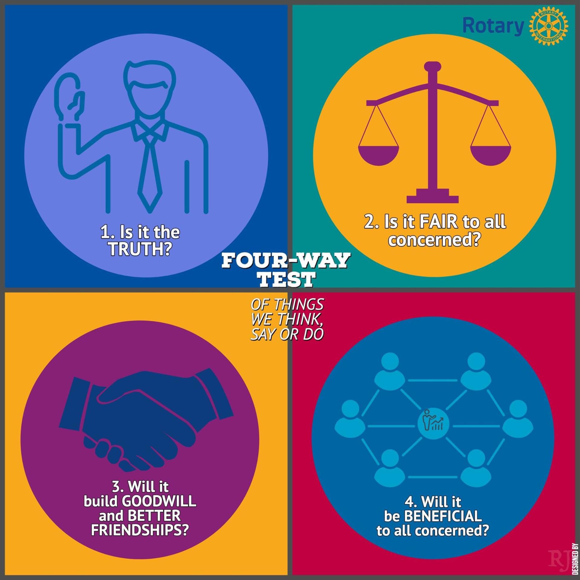 Rotary's Four-Way Test: truth, fairness, goodwill, beneficial. Each with related icons: person, scales, handshake, network.