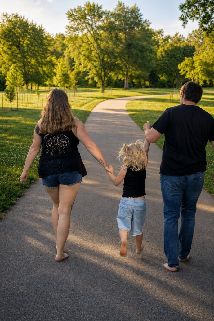 Three people walking hand in hand on a sunlit park path, surrounded by trees.