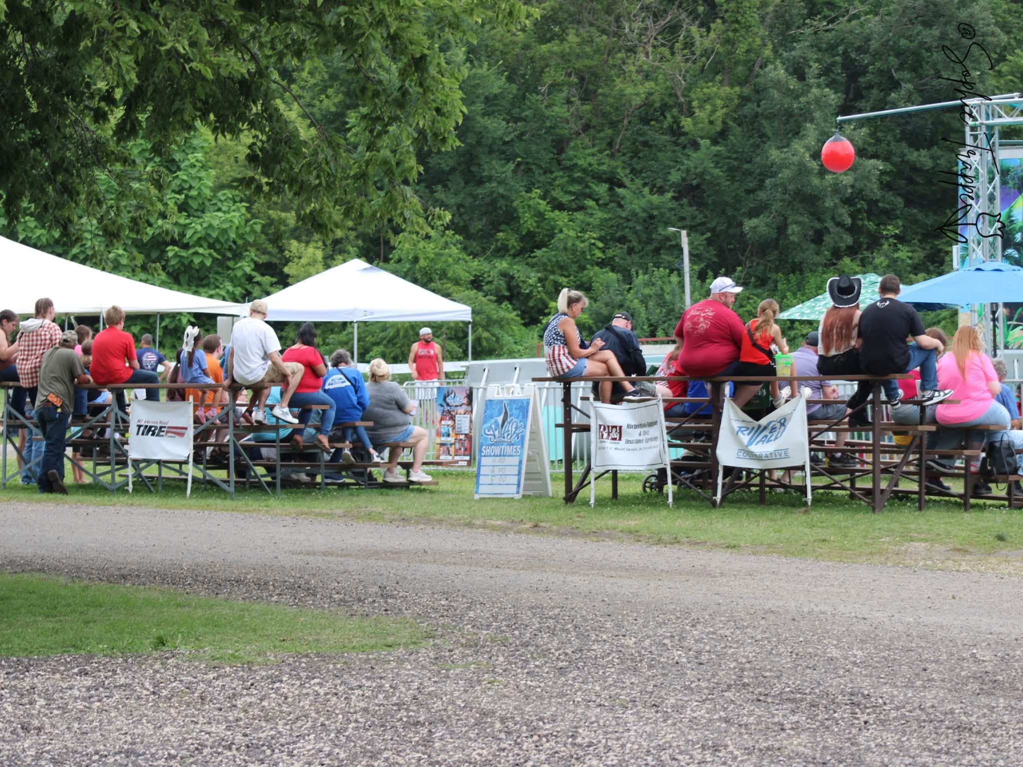 Outdoor picnic gathering with people seated at tables under white tents in a green park