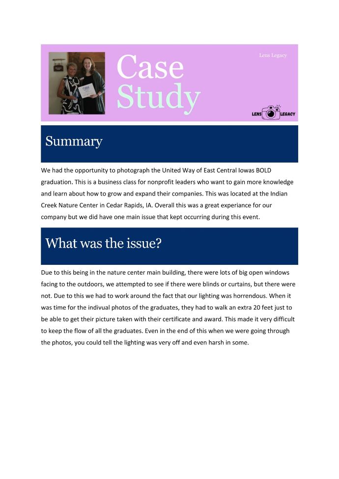 Case study page with purple header, small photo, and blue sections titled “Summary” and “What was the issue?”