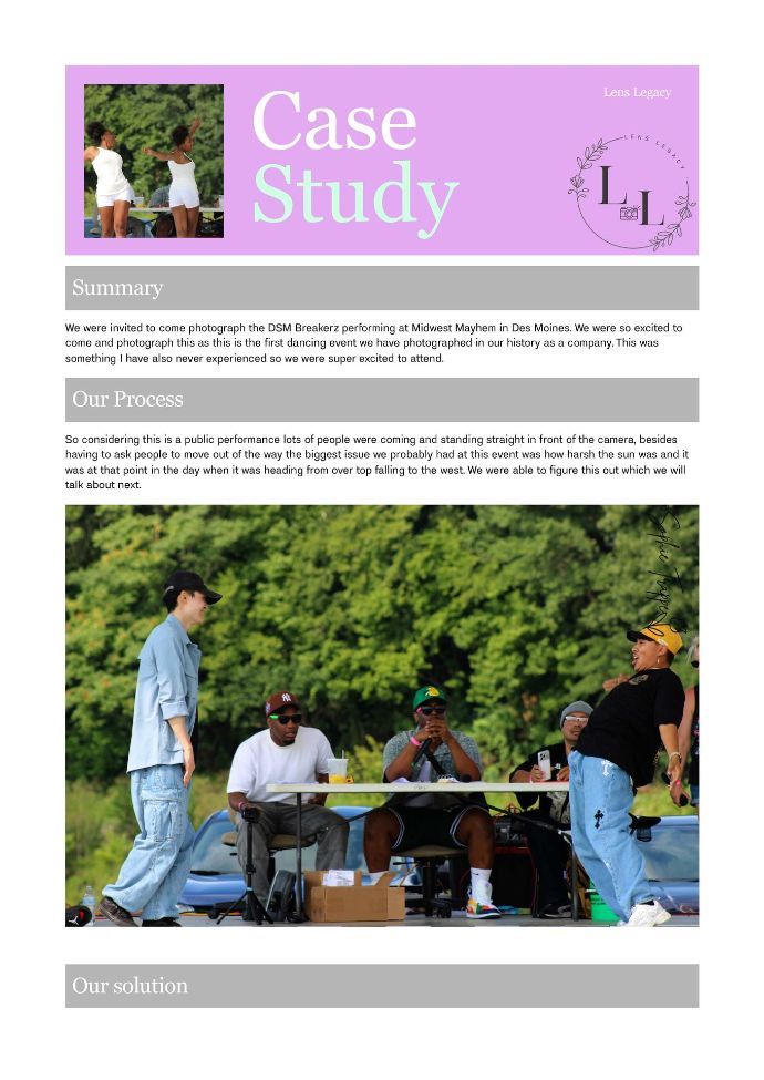 Case study page with a photo of people meeting outdoors around a table in a park.