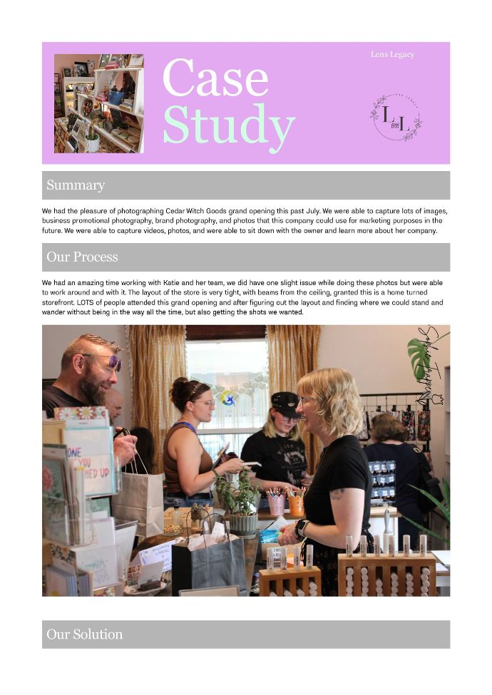 Case study page with a pink header and a café scene beneath text sections