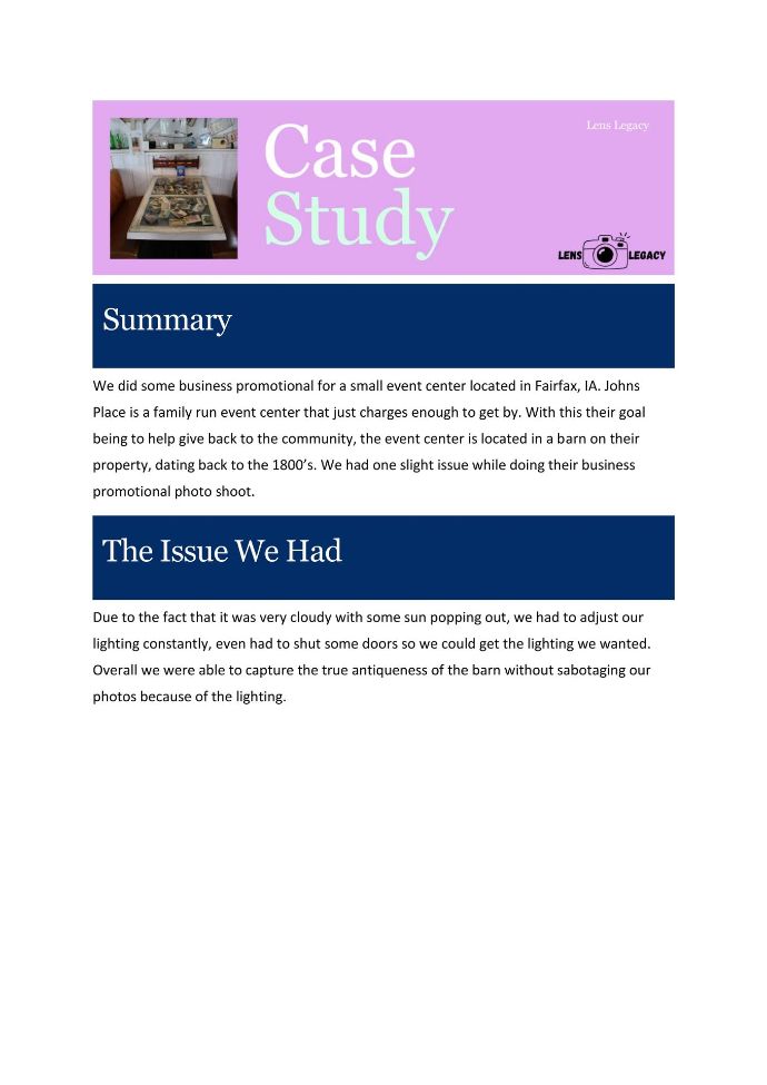Purple “Case Study” presentation slide with “Summary” and “The Issue We Had” sections and a small photo inset
