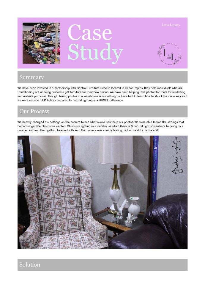 Case study page with text and a photo of a patterned chair beside a lamp and side table