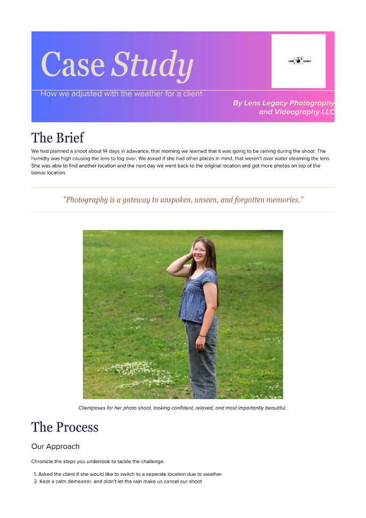 Case study webpage with pink-to-blue header and a woman standing on grass in the main photo
