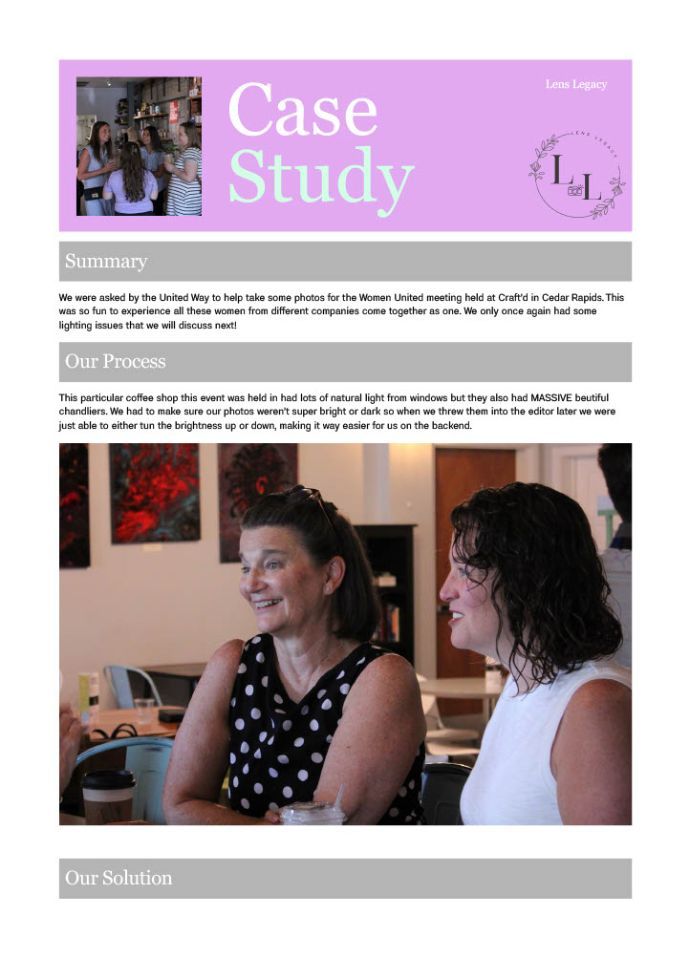 Case study page with a purple header and a photo of two people talking in a café