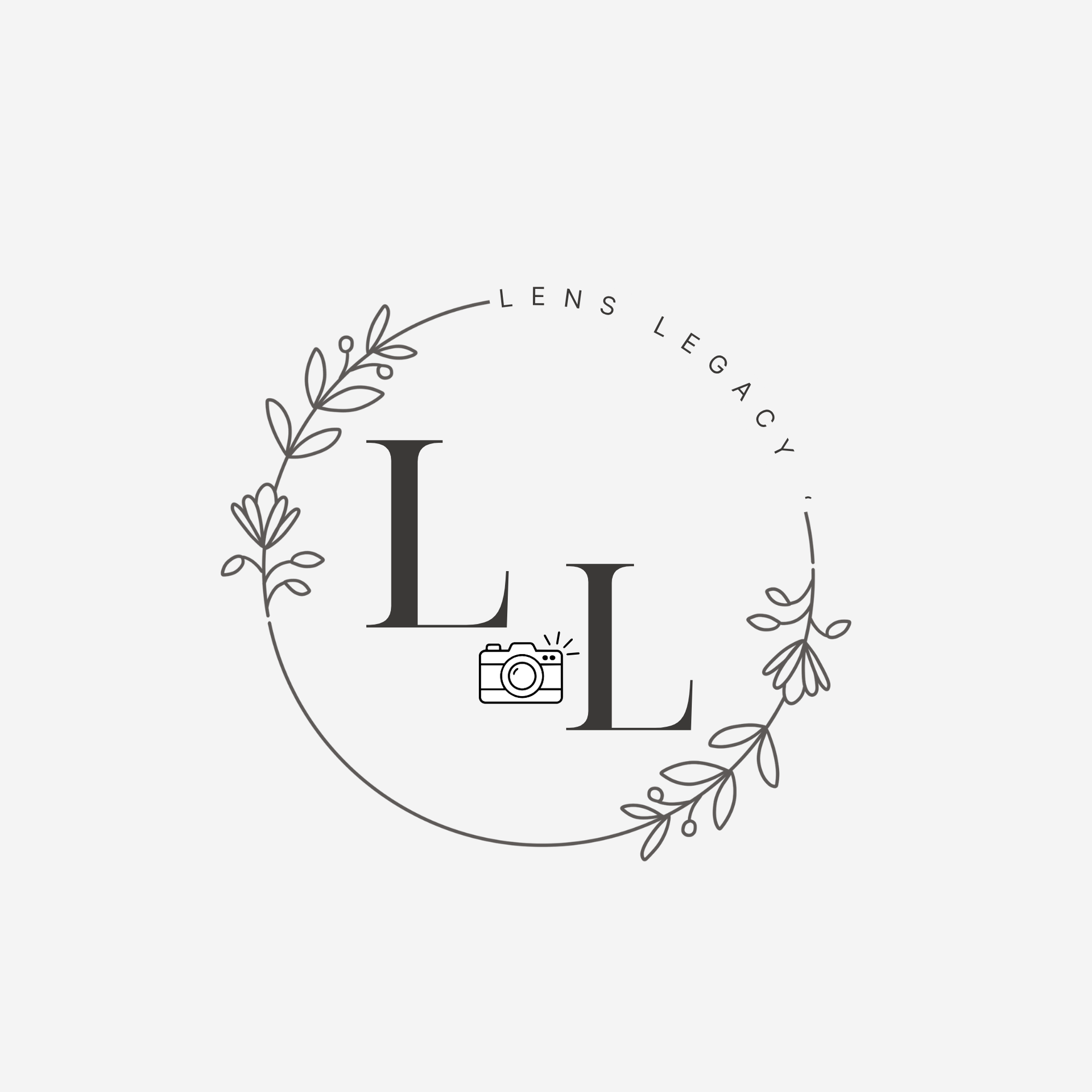 Minimal black-and-white logo with interlocking L and I, a camera icon, and leafy circular border with “LENS LEGACY” text