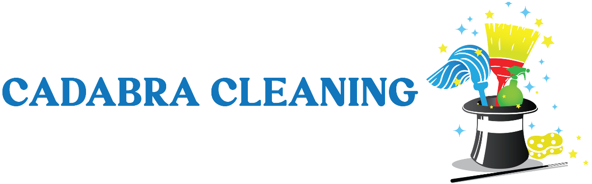Logo for Cadabra Cleaning with text and a magic hat with cleaning supplies.