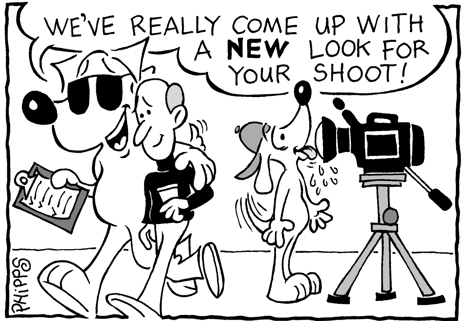 A black and white cartoon of a man and a dog standing next to a camera.