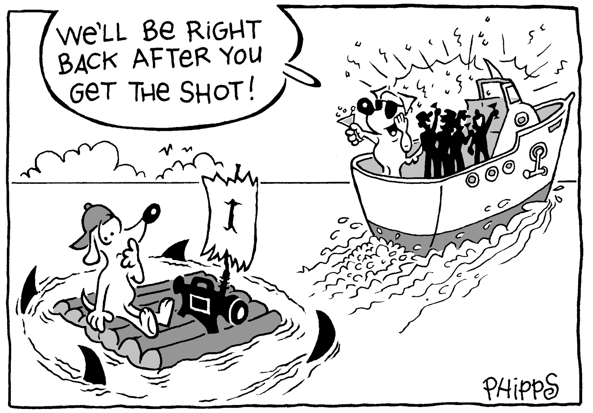 A black and white cartoon of a dog on a raft talking to a boat full of people