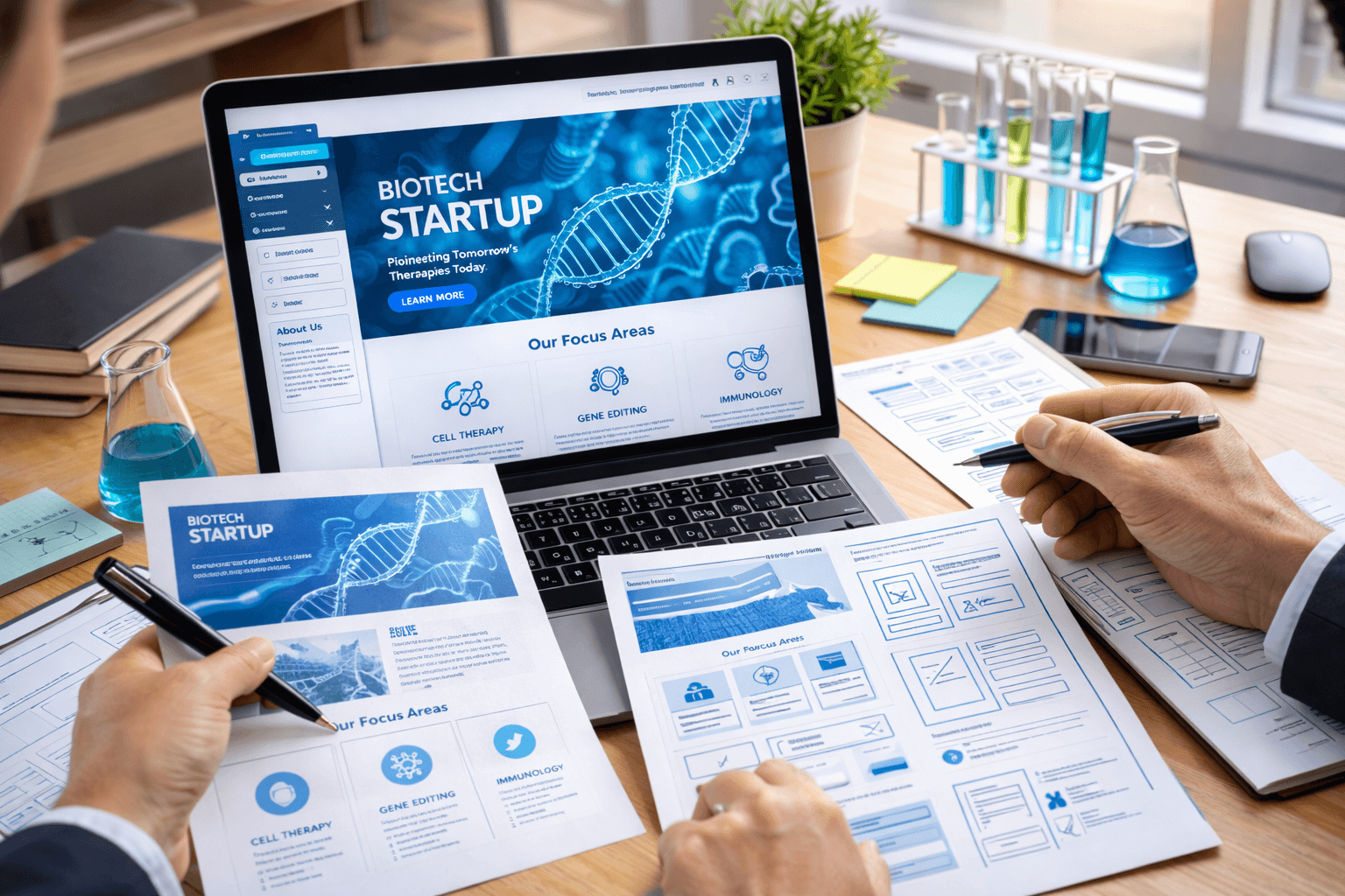Web Development Service image showing a biotech startups mock up web design.
