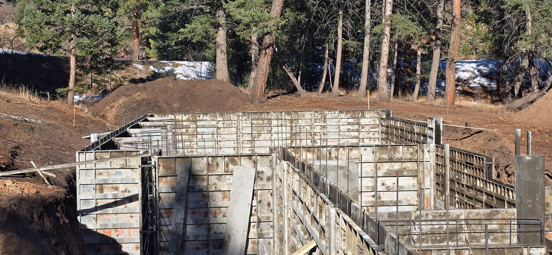 Foundation construction with wooden forms and rebar in a wooded area