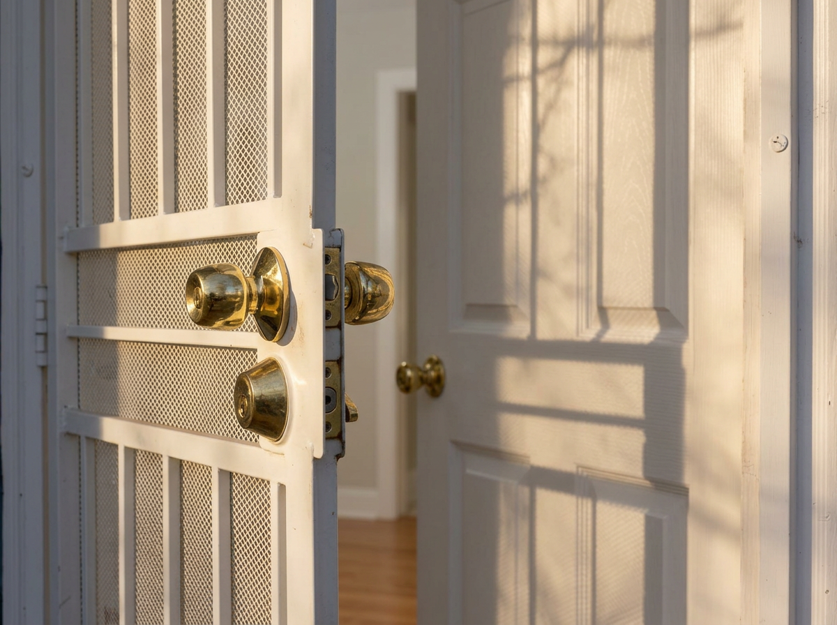 Brass doorknobs on a white metal security door beside a beige entry door in sunlight