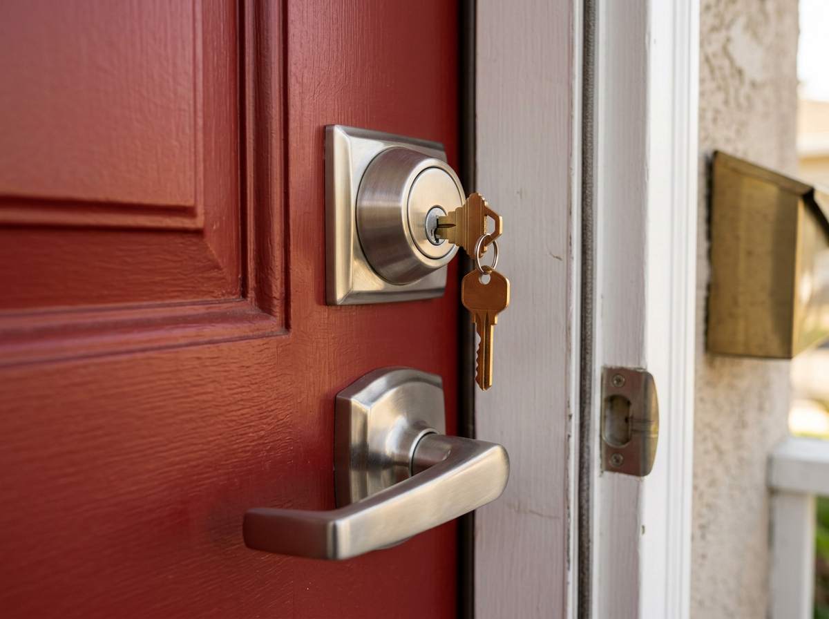 Red front door with silver lock and handle, keys inserted in the deadbolt.