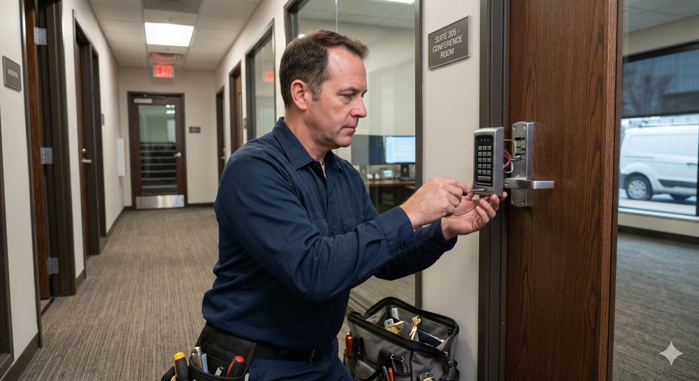 Commercial Locksmith Fixing Smart Lock in An Office in Caldwell, ID