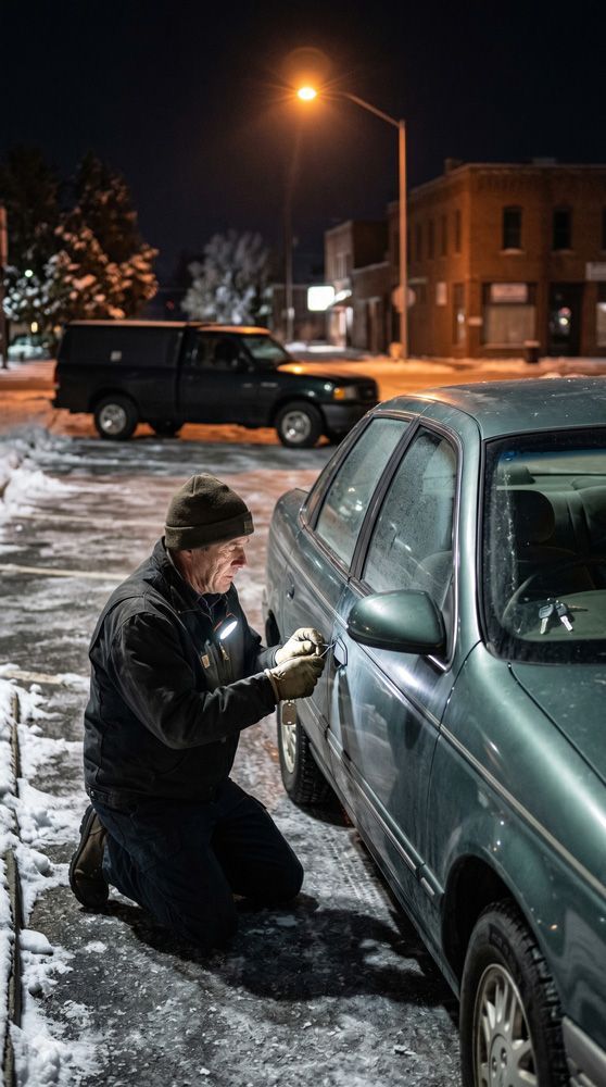 Emergency Locksmith Checking Car Door Lock at Night in Caldwell, ID