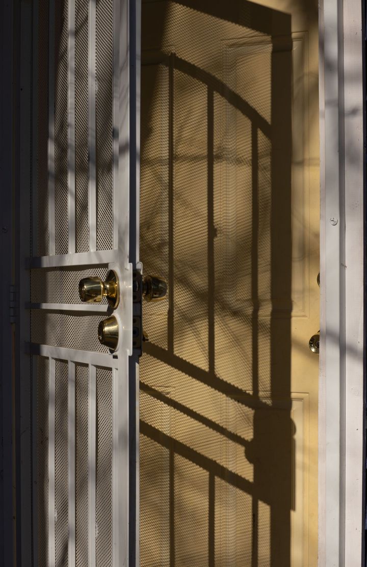 Sunlit front door with decorative metal security screen and two brass handles