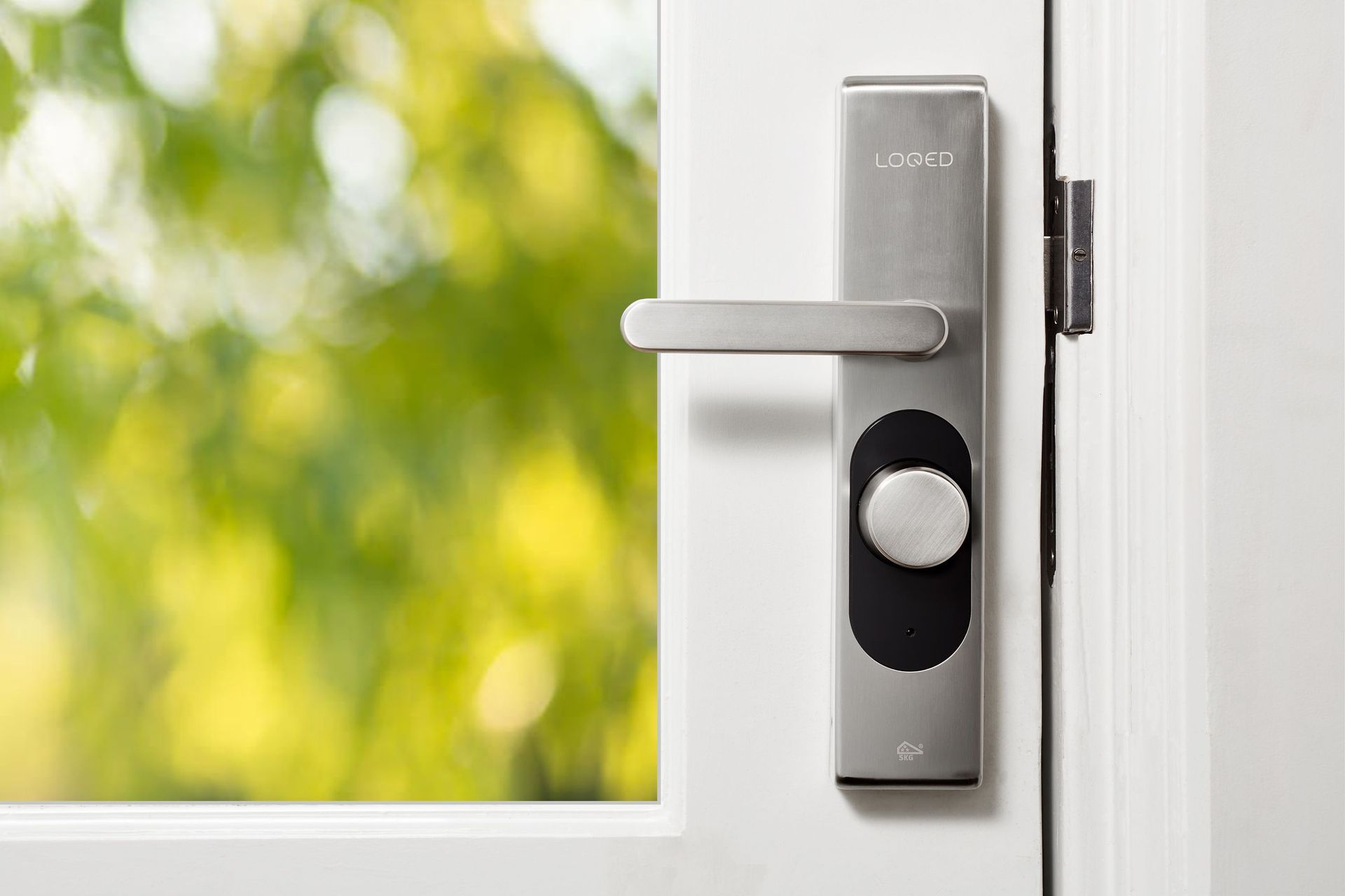 Modern silver door handle on a white door with a blurred green outdoor background