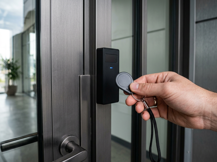 Hand holding a keycard near a black electronic door lock on a glass door