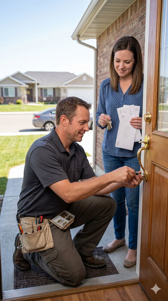 Woman Holding Keys While Locksmith Fixes Door Lock in Caldwell, ID