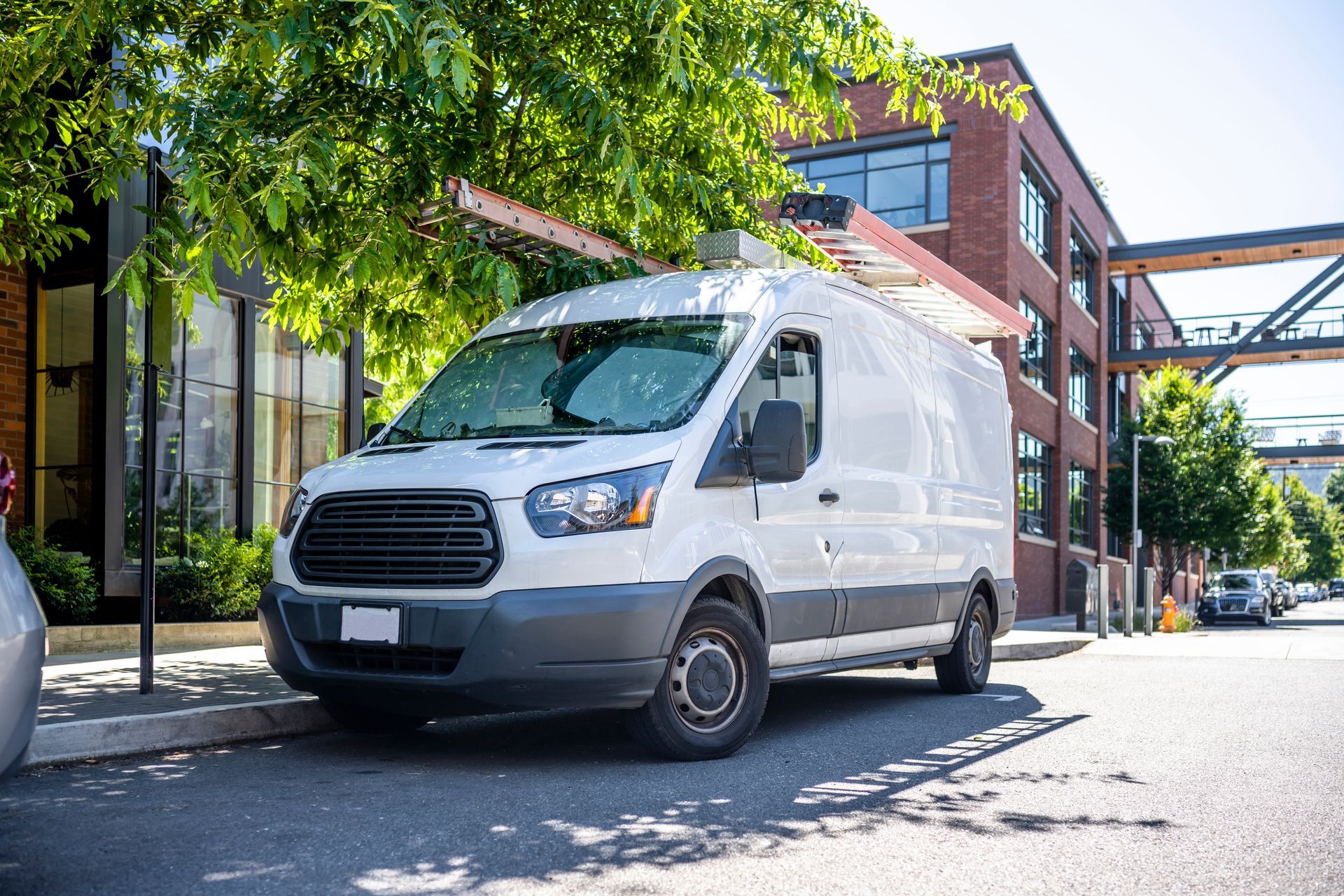 White cargo van parked on a sunny city street beside trees and brick buildings.