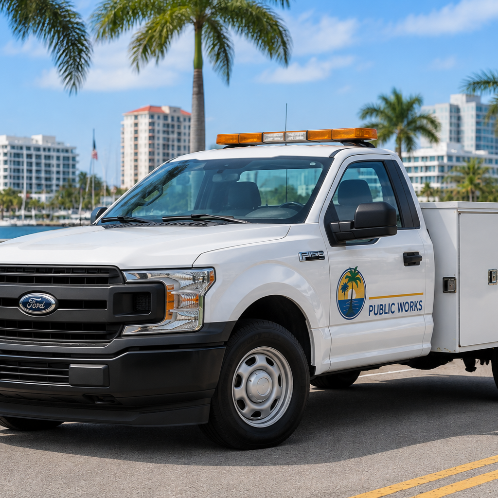 White utility truck parked by a waterfront road with palm trees and city buildings in the background