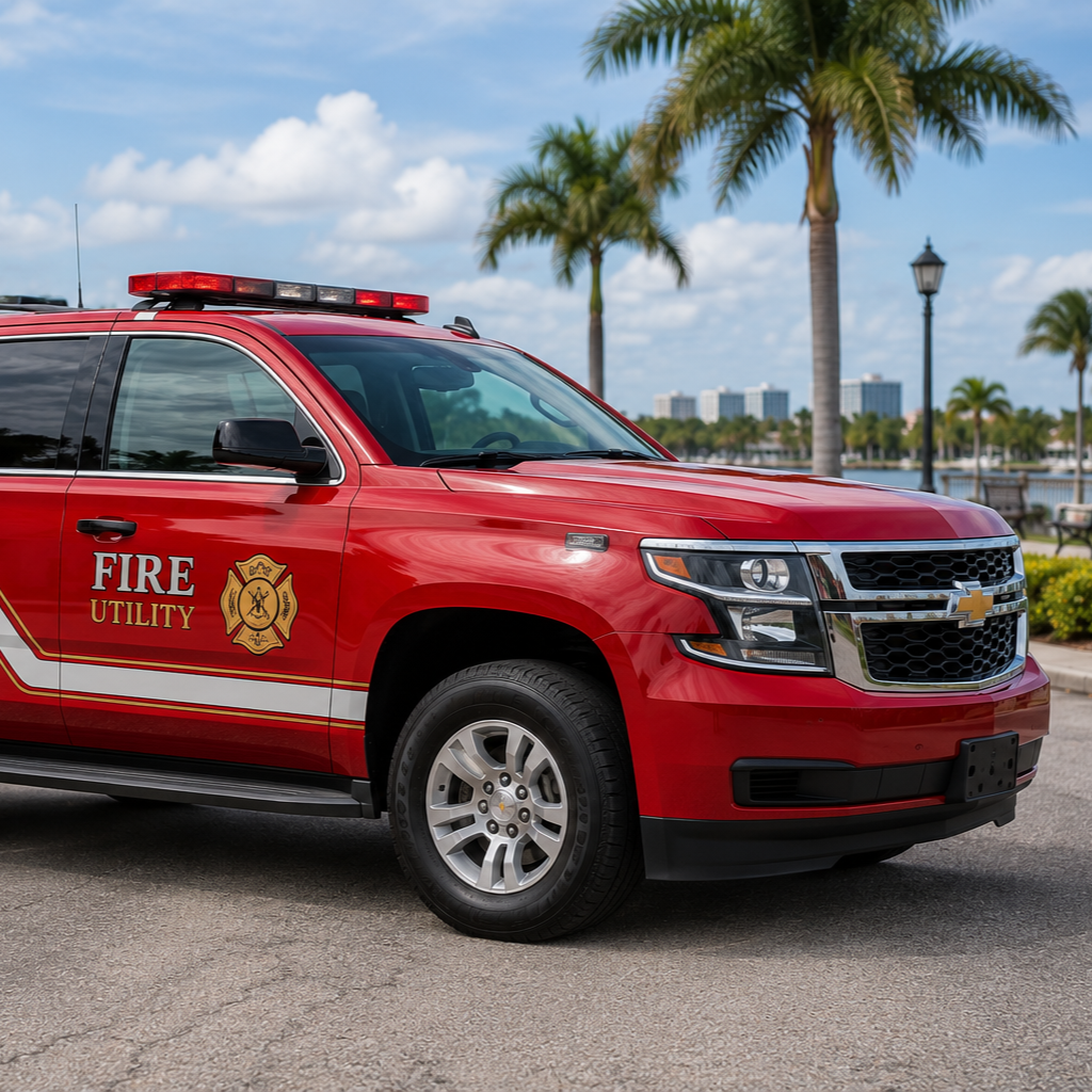 Red fire utility SUV parked by palm trees on a waterfront street