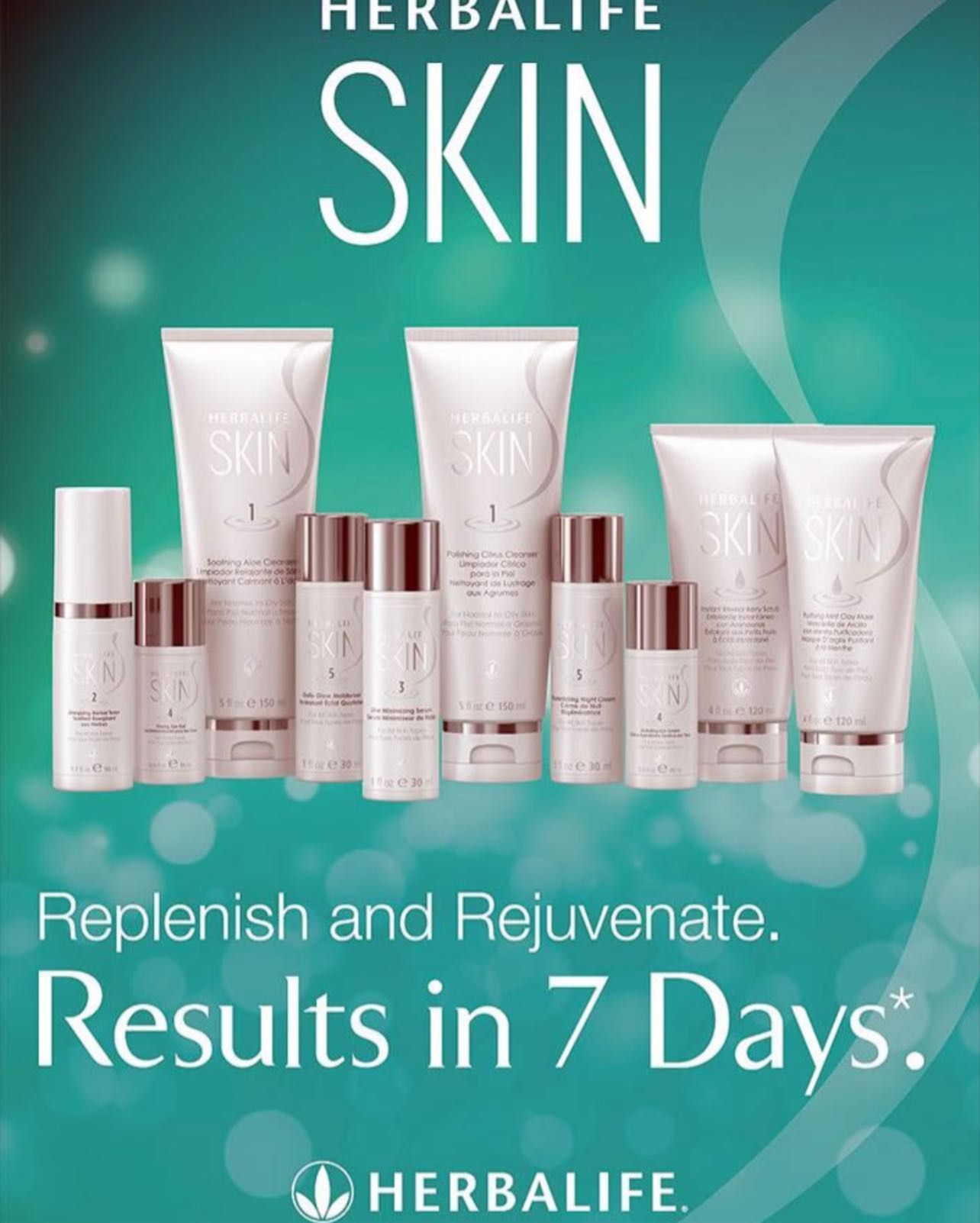 A collection of Herbalife Skin products on a teal background with the text: 