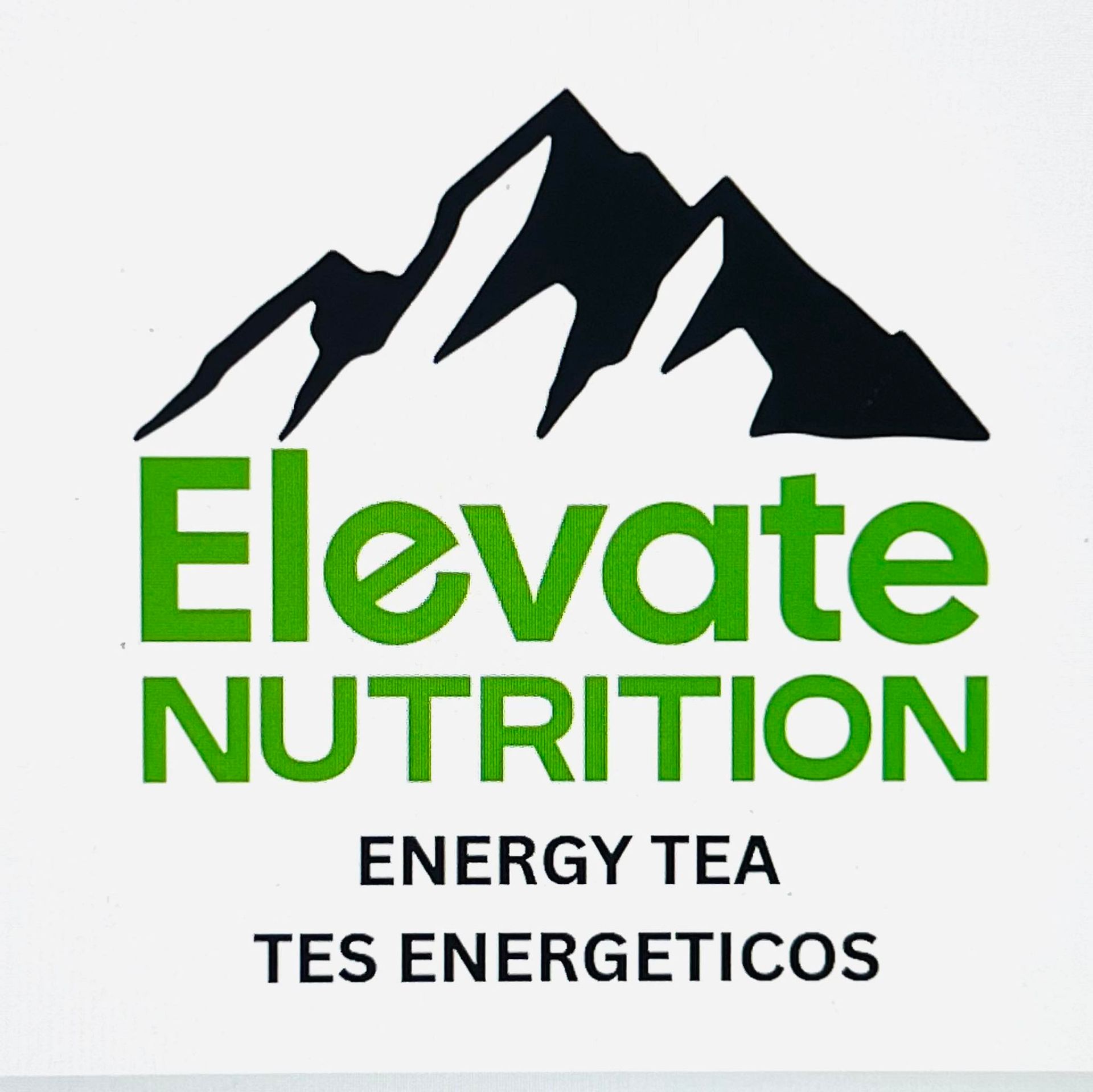 A logo for "Elevate Nutrition" featuring a black mountain silhouette above green text, with "Energy Tea" and "Tes Energeticos."