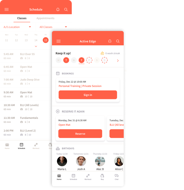 Two orange-and-white mobile app screens showing a schedule and fitness dashboard with tabs and workout cards
