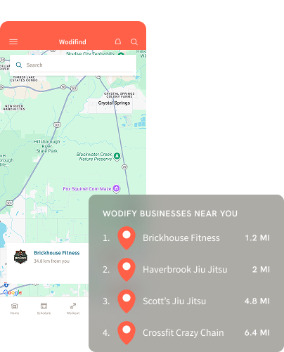 Mobile map app showing nearby businesses list over a map with orange header and location pins