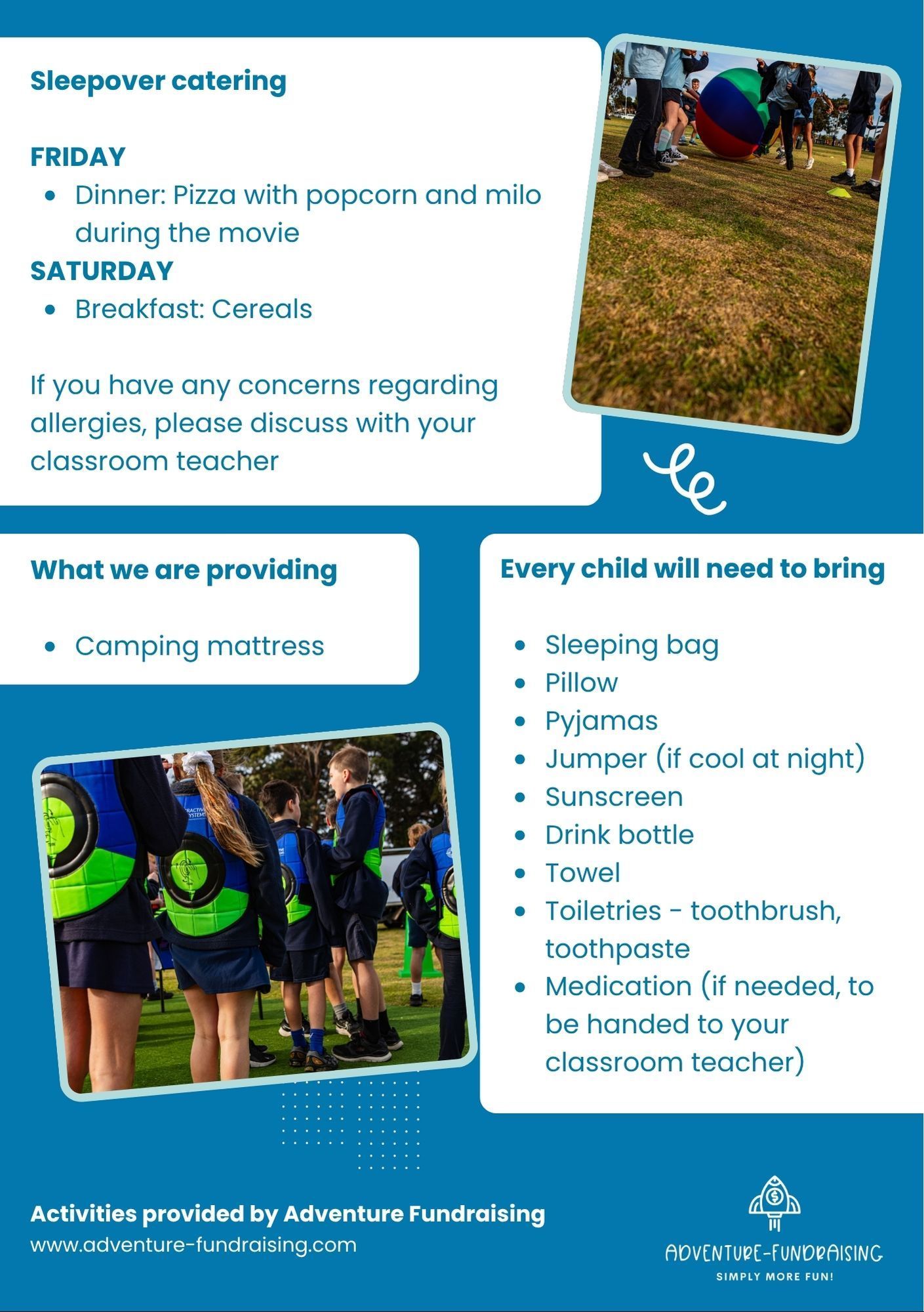 Sleepover event flyer with food menu, packing list, and campsite photo.