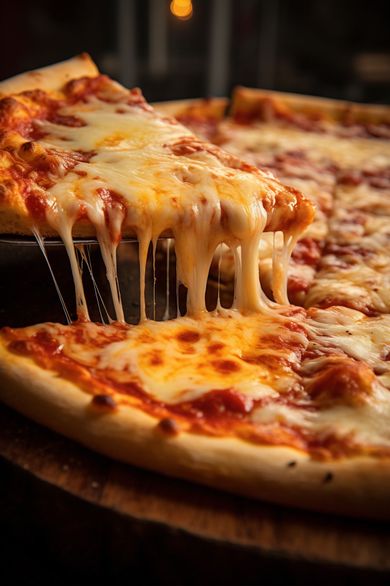 Cheesy pizza slice being lifted, with melted cheese stretching over a whole pizza in warm restaurant lighting