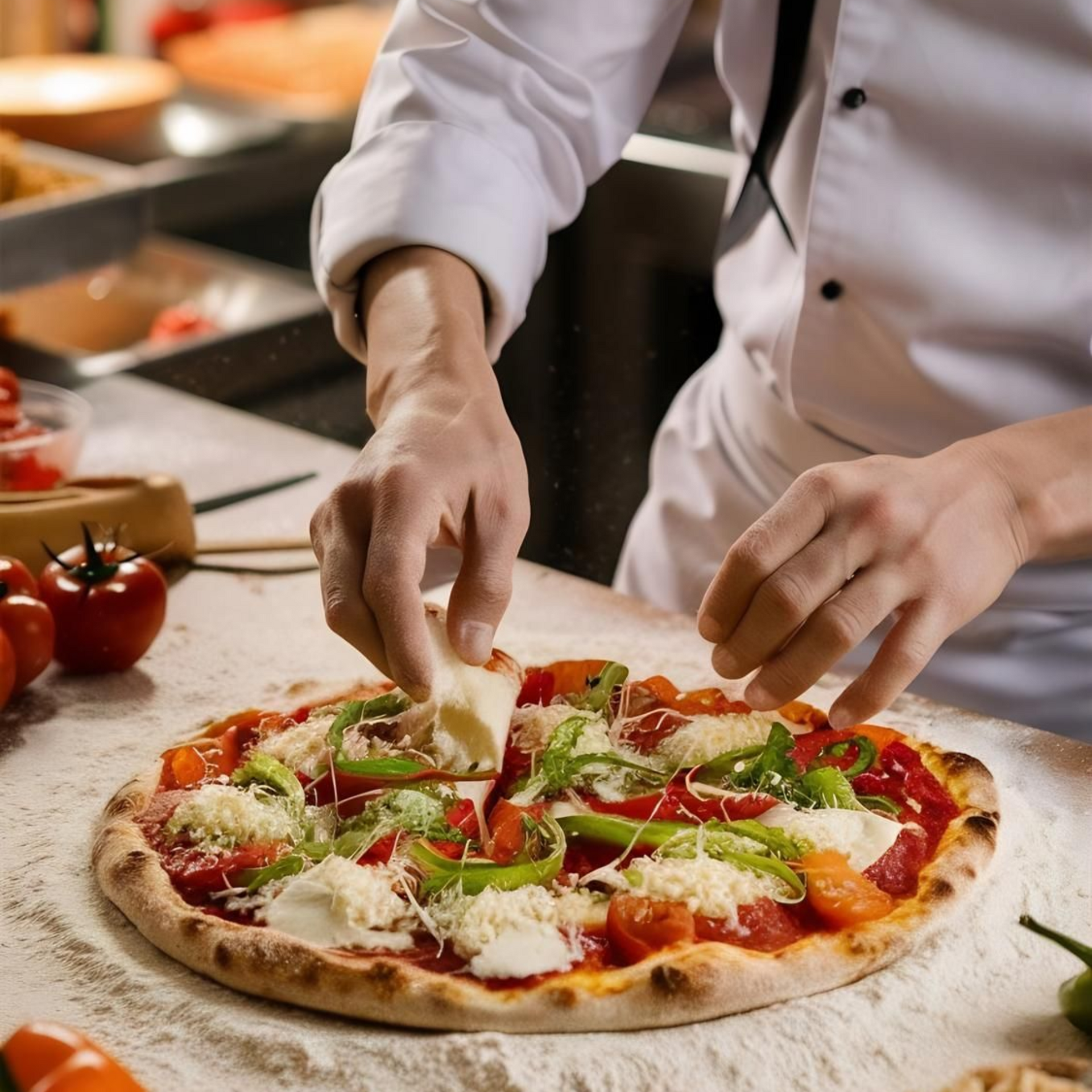 Chef topping a fresh pizza with tomatoes, basil, and cheese in a kitchen