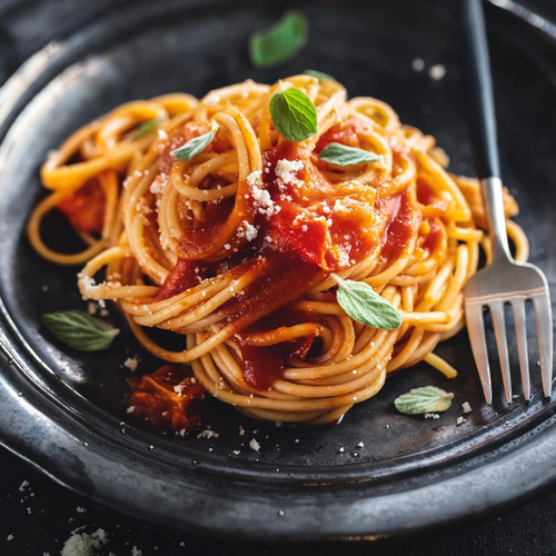 Spaghetti with tomato sauce and basil on a black plate with a fork