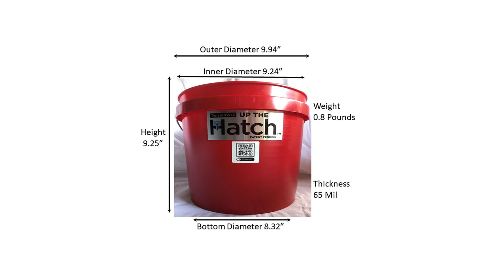 Red plastic bucket with an “Up the Hatch” label on a white background