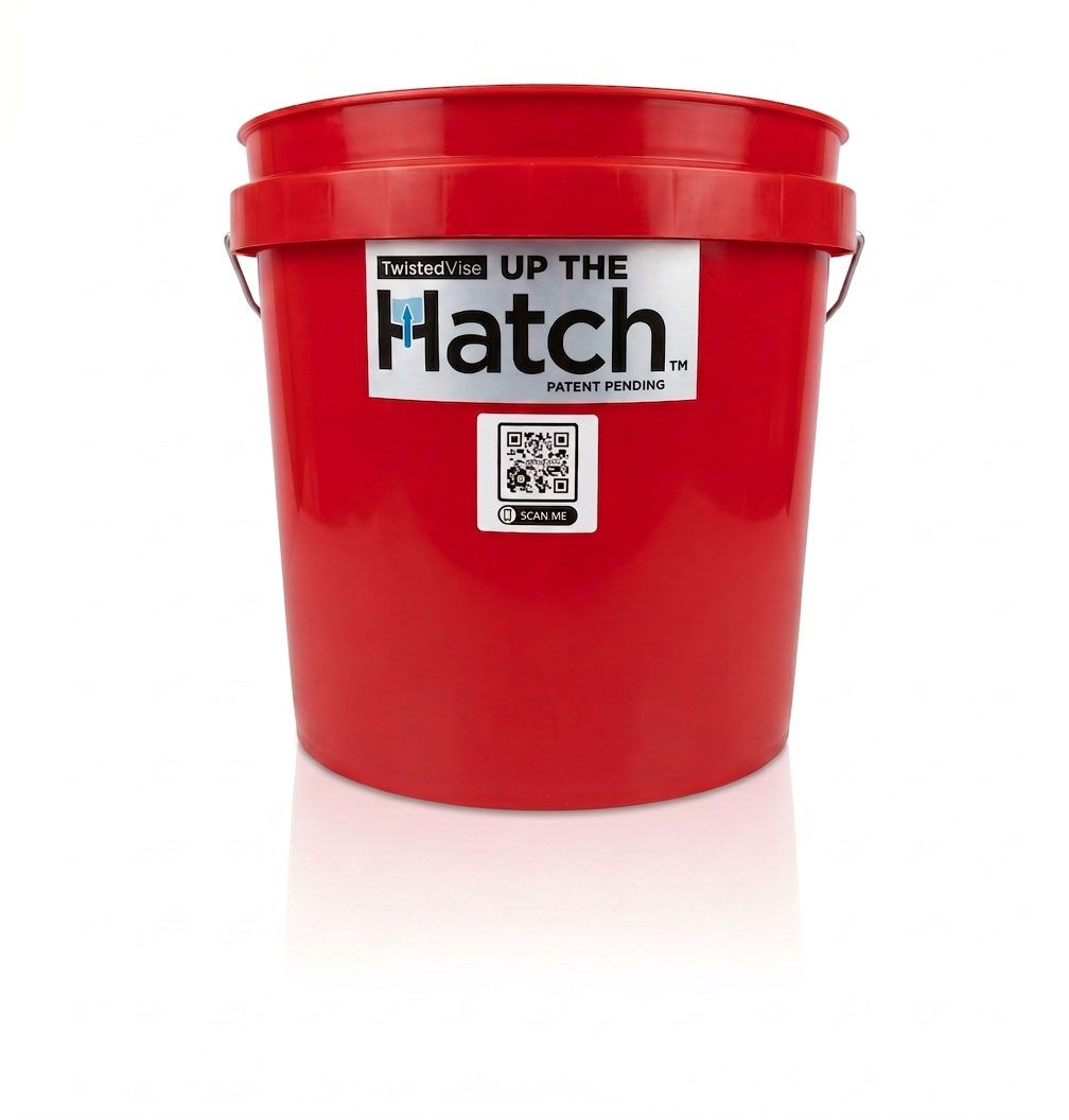 Red bucket with Up The Hatch logo and QR code on the front