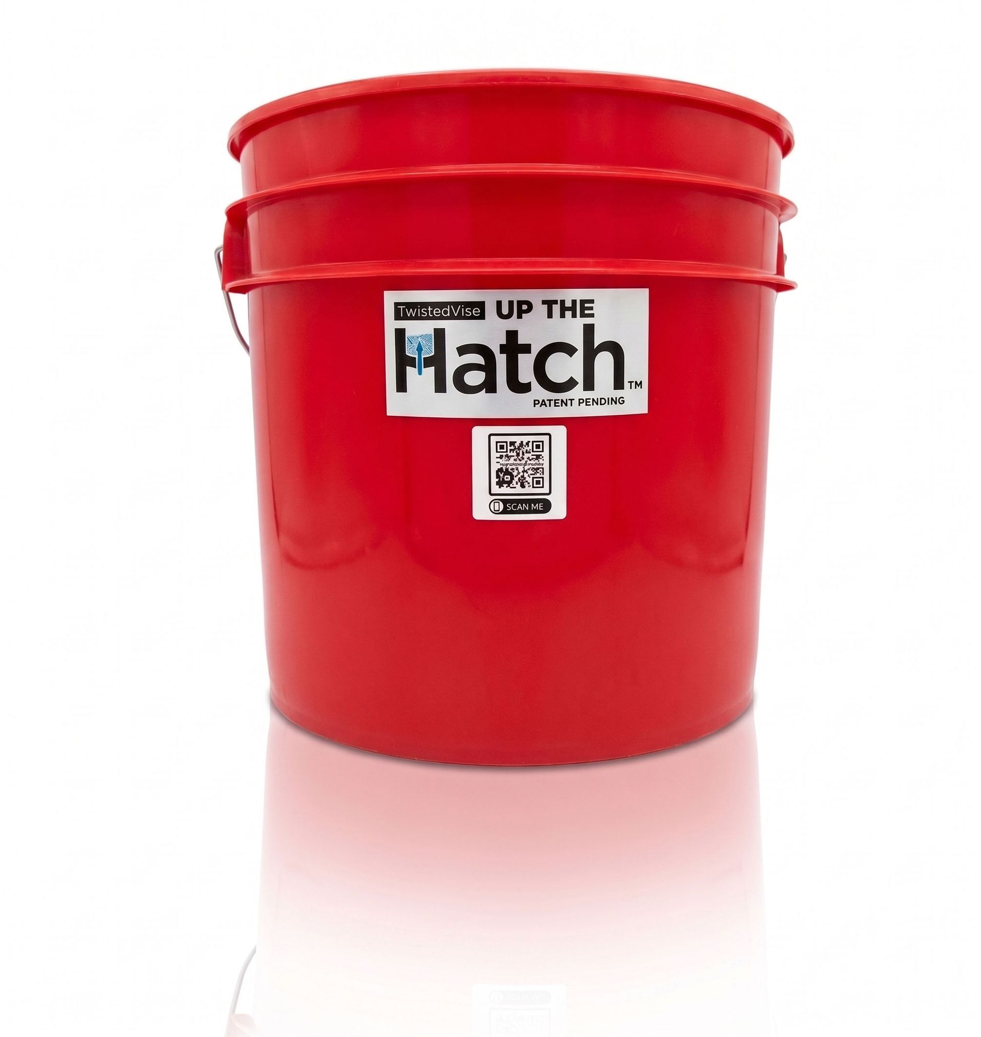 Red plastic bucket with an “Up the Hatch” label on a white background