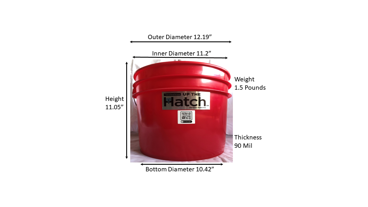 Red bucket with Up The Hatch logo and QR code on the front