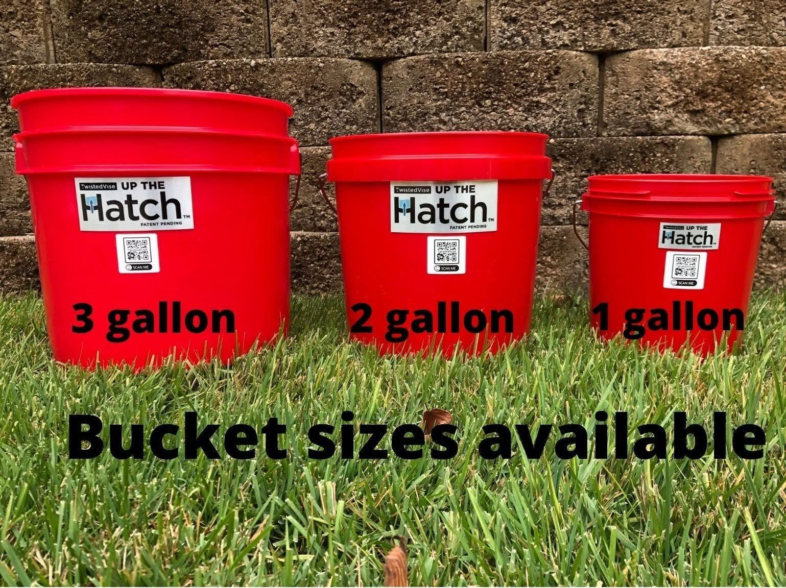 Three red Hatch buckets labeled 3 gallon, 2 gallon, and 1 gallon with “Bucket sizes available” text.