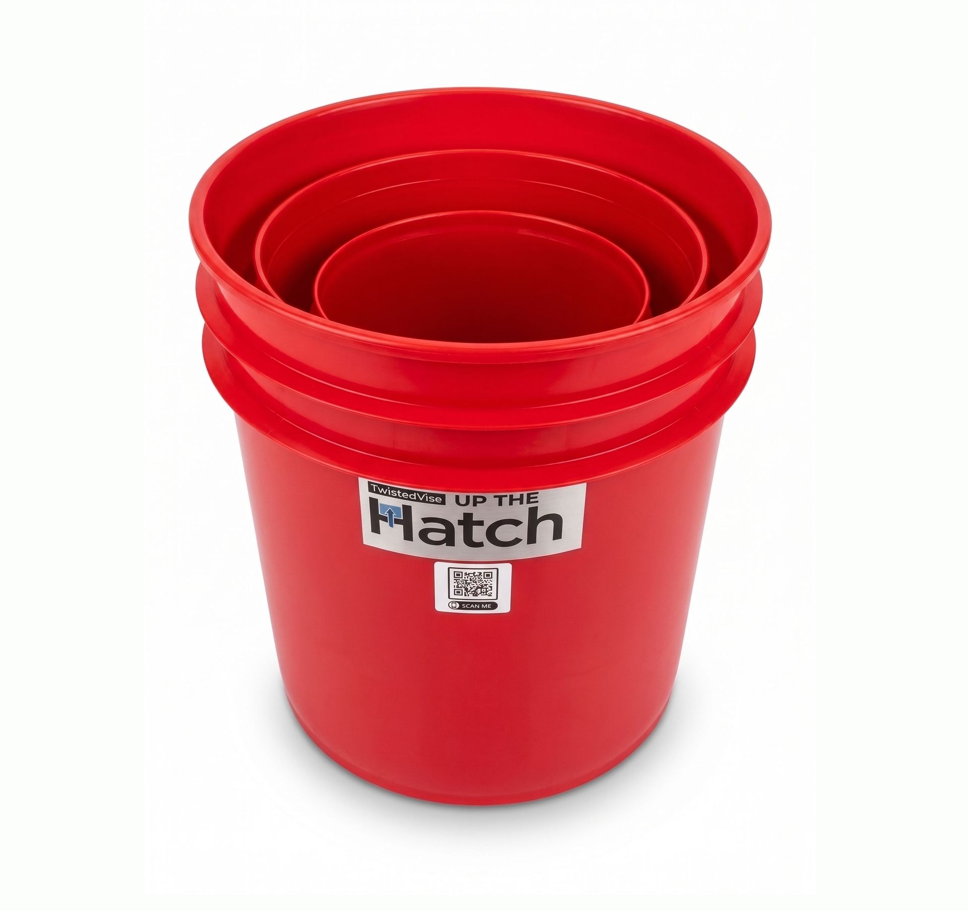 Red plastic bucket with nested smaller buckets and a Hatch label on the front